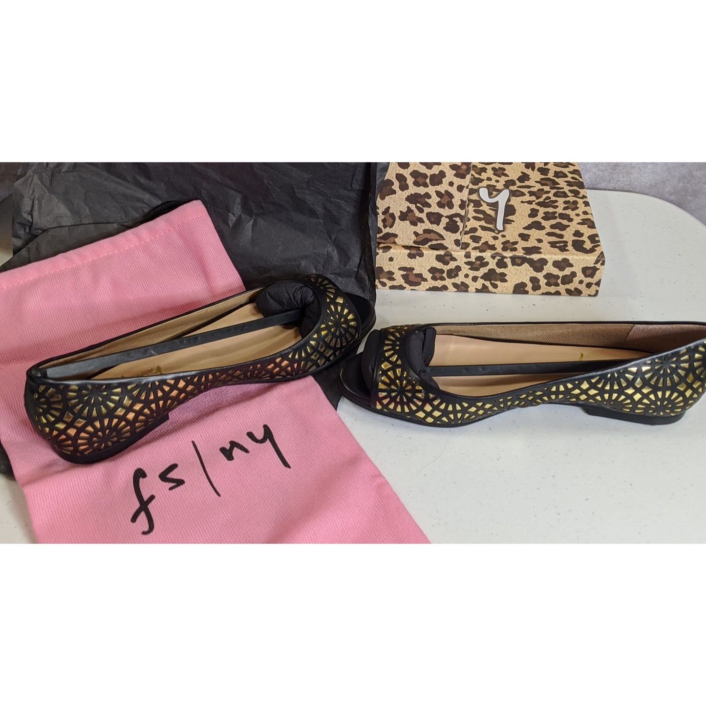 FS/NY Black & Gold "Black Nappa" Laser-Cut Peep Toe Flats