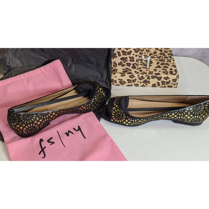 FS/NY Black & Gold "Black Nappa" Laser-Cut Peep Toe Flats