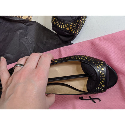 FS/NY Black & Gold "Black Nappa" Laser-Cut Peep Toe Flats