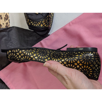 FS/NY Black & Gold "Black Nappa" Laser-Cut Peep Toe Flats