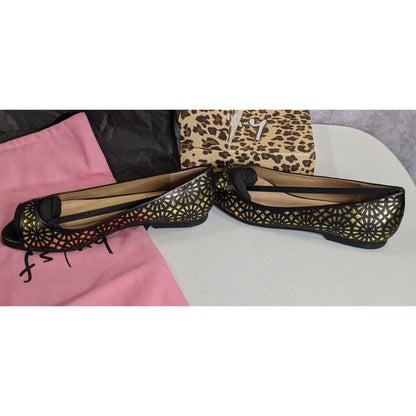 FS/NY Black & Gold "Black Nappa" Laser-Cut Peep Toe Flats