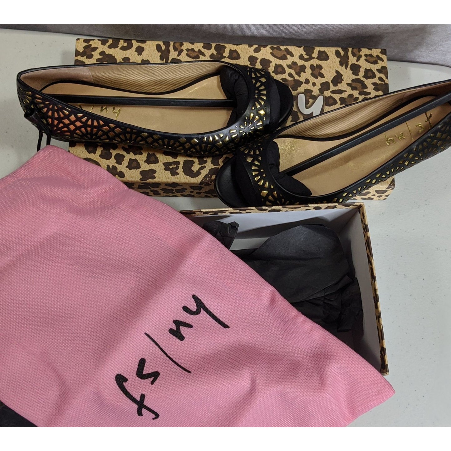 FS/NY Black & Gold "Black Nappa" Laser-Cut Peep Toe Flats