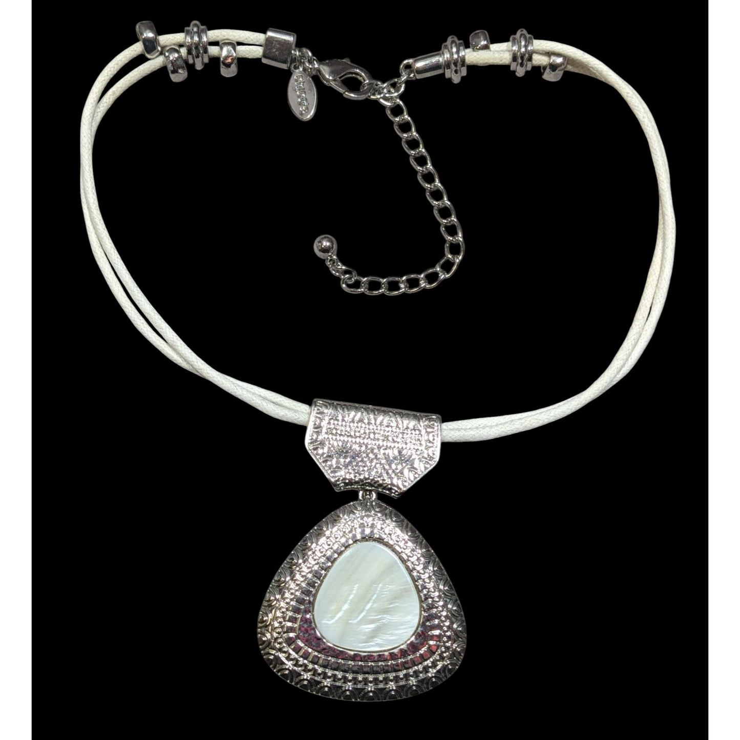 Vintage Chico's Mother Of Pearl White And Silver Tone Pendant Necklace