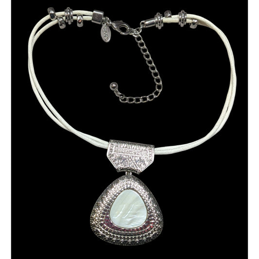 Vintage Chico's Mother Of Pearl White And Silver Tone Pendant Necklace
