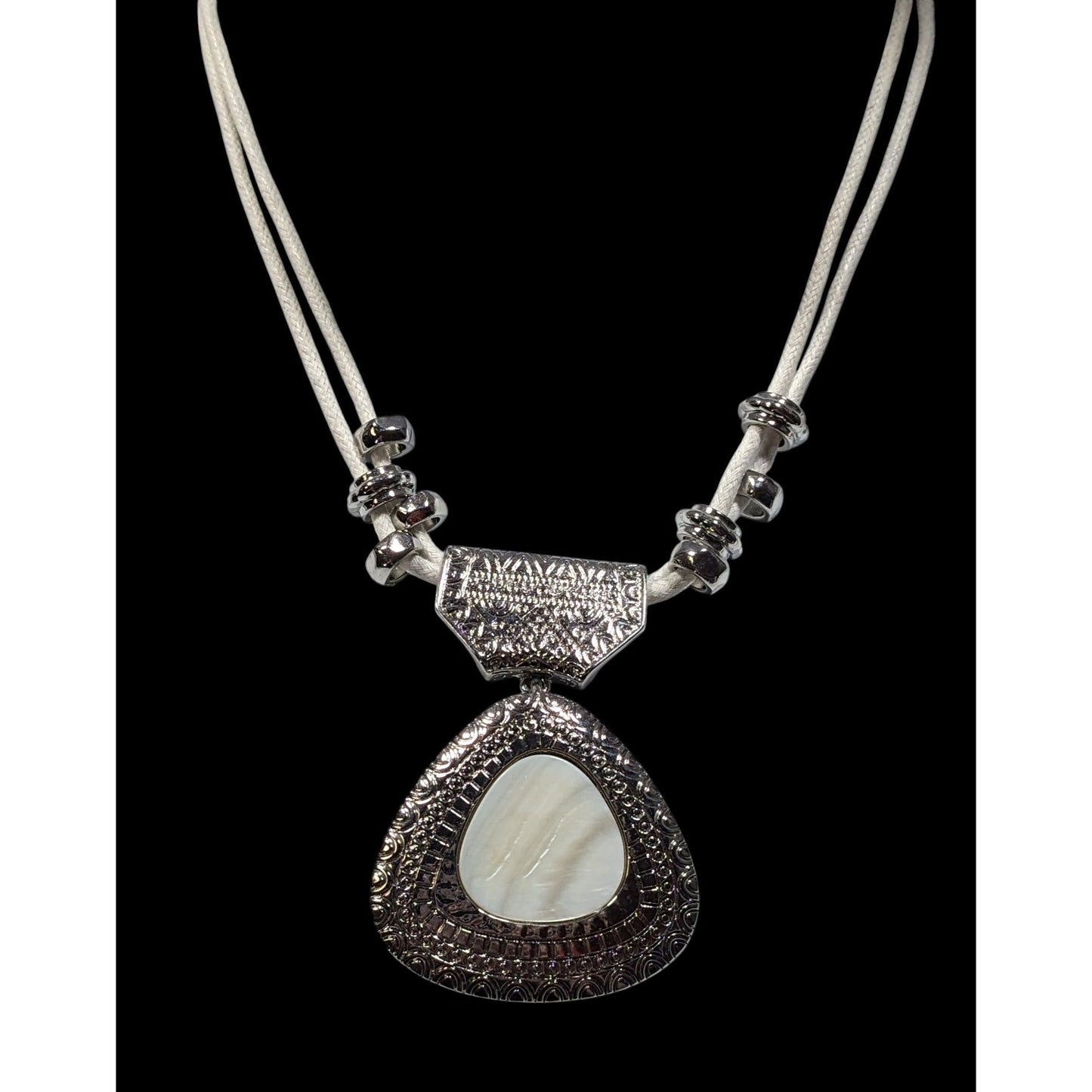 Vintage Chico's Mother Of Pearl White And Silver Tone Pendant Necklace