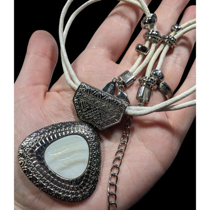 Vintage Chico's Mother Of Pearl White And Silver Tone Pendant Necklace