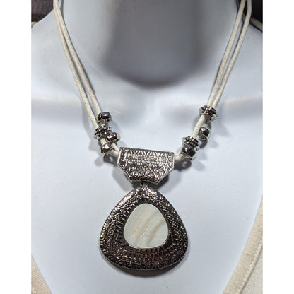 Vintage Chico's Mother Of Pearl White And Silver Tone Pendant Necklace