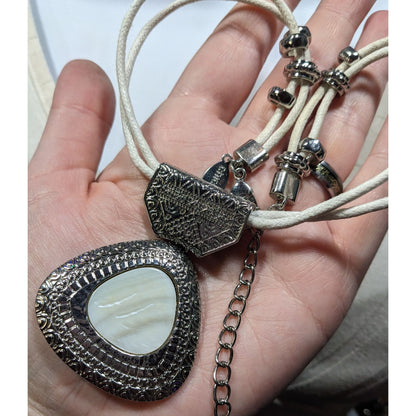 Vintage Chico's Mother Of Pearl White And Silver Tone Pendant Necklace