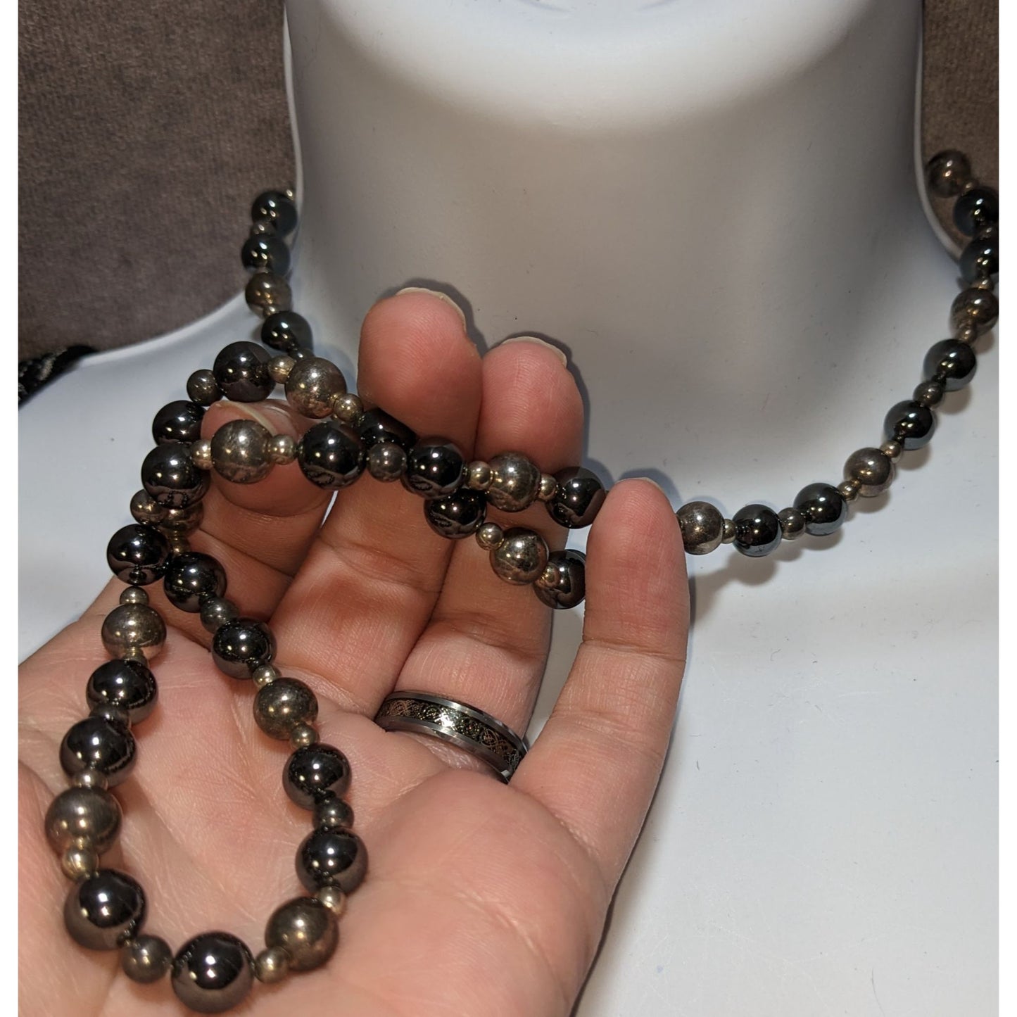 Dark Romantic Hematite & Metal Beaded Necklace 26" Hidden Box Clasp