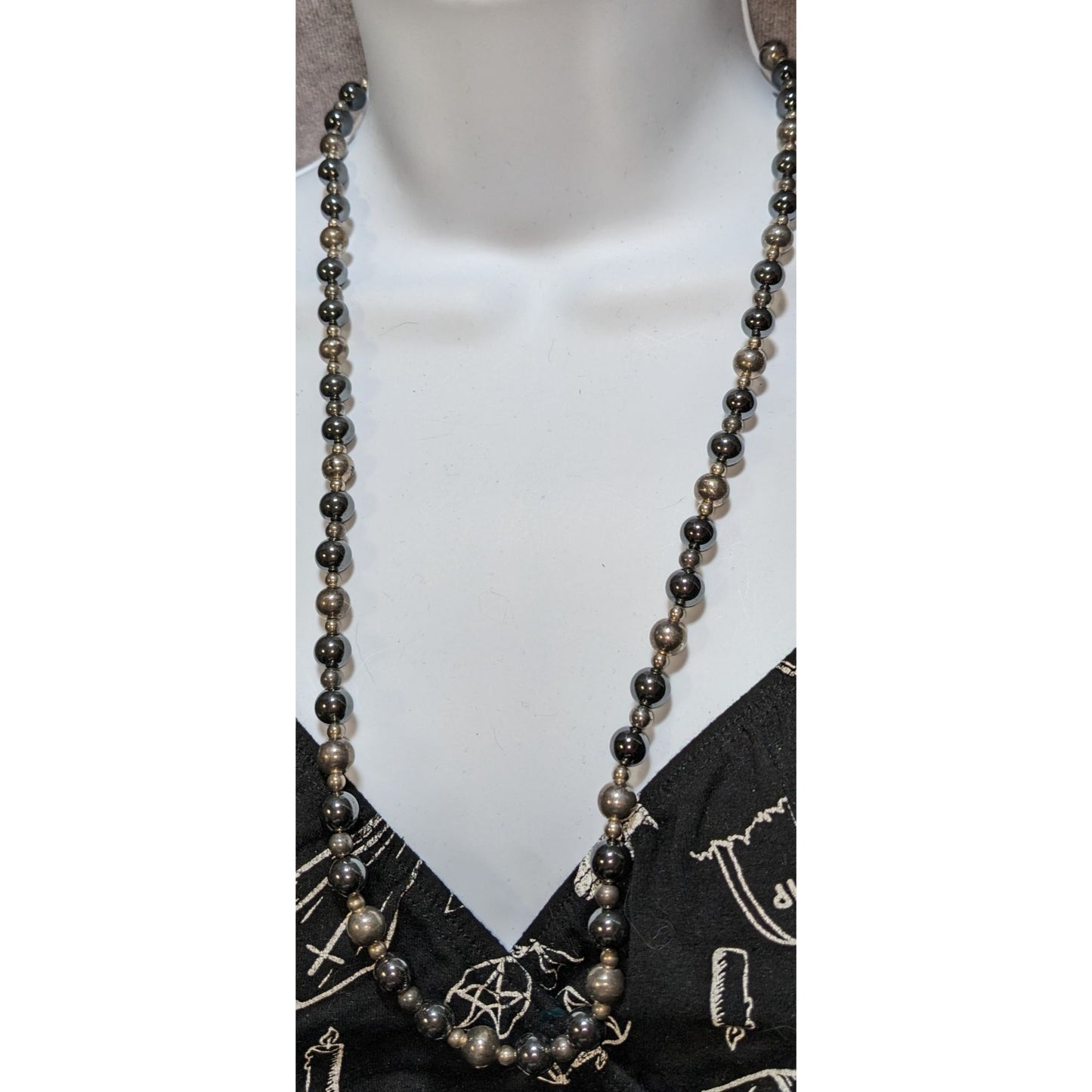 Dark Romantic Hematite & Metal Beaded Necklace 26" Hidden Box Clasp