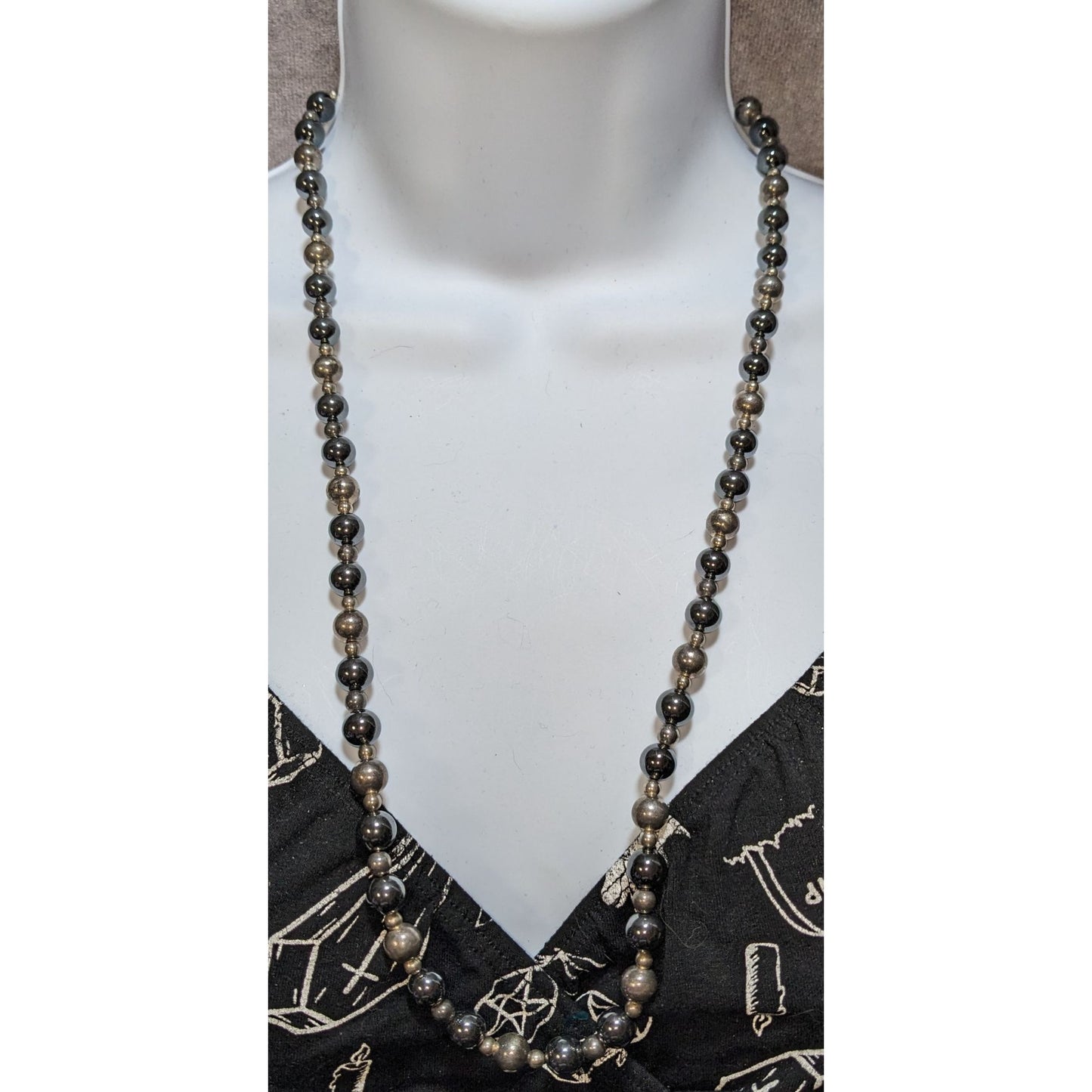 Dark Romantic Hematite & Metal Beaded Necklace 26" Hidden Box Clasp