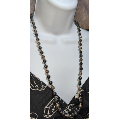 Dark Romantic Hematite & Metal Beaded Necklace 26" Hidden Box Clasp