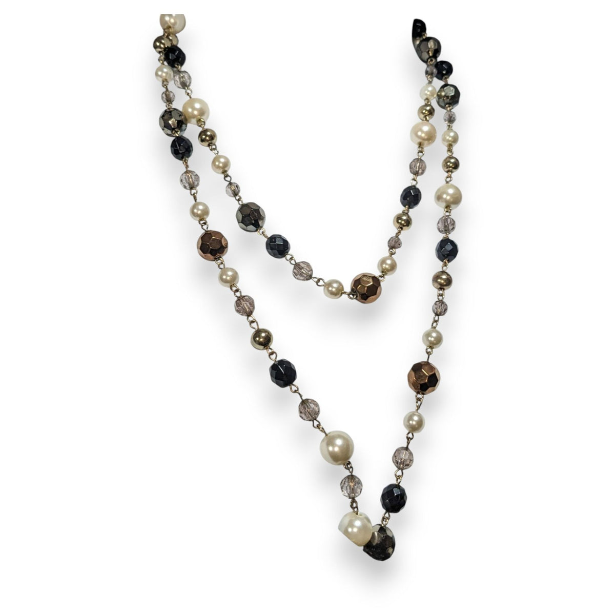 Glam Goth Vintage Inspired Faux Pearl Black Gold Beaded Opera Necklace 44 Inch