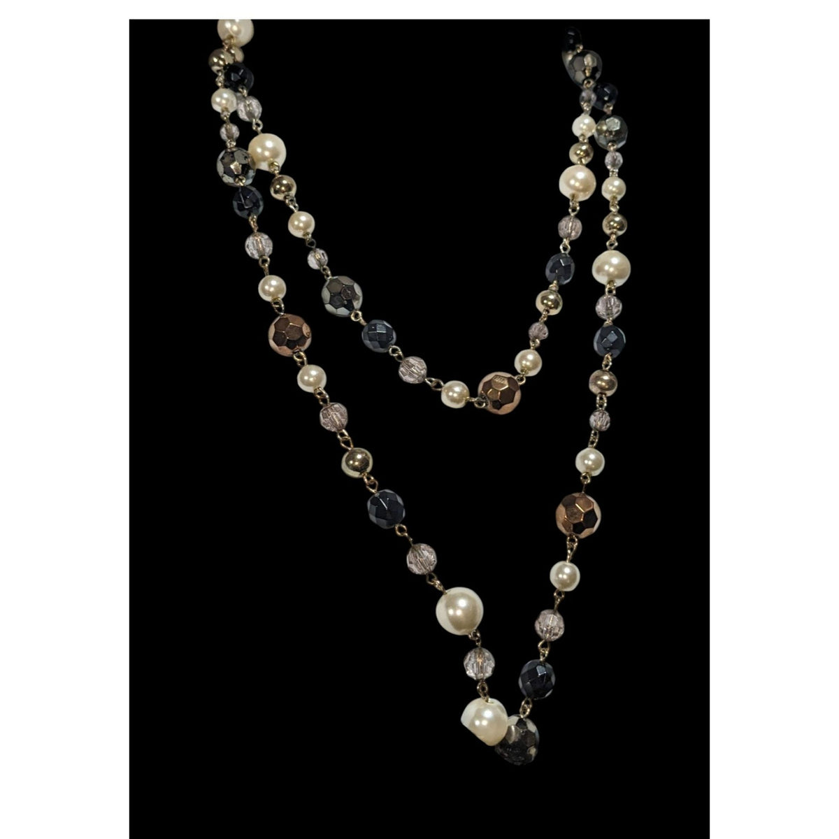 Glam Goth Vintage Inspired Faux Pearl Black Gold Beaded Opera Necklace 44 Inch