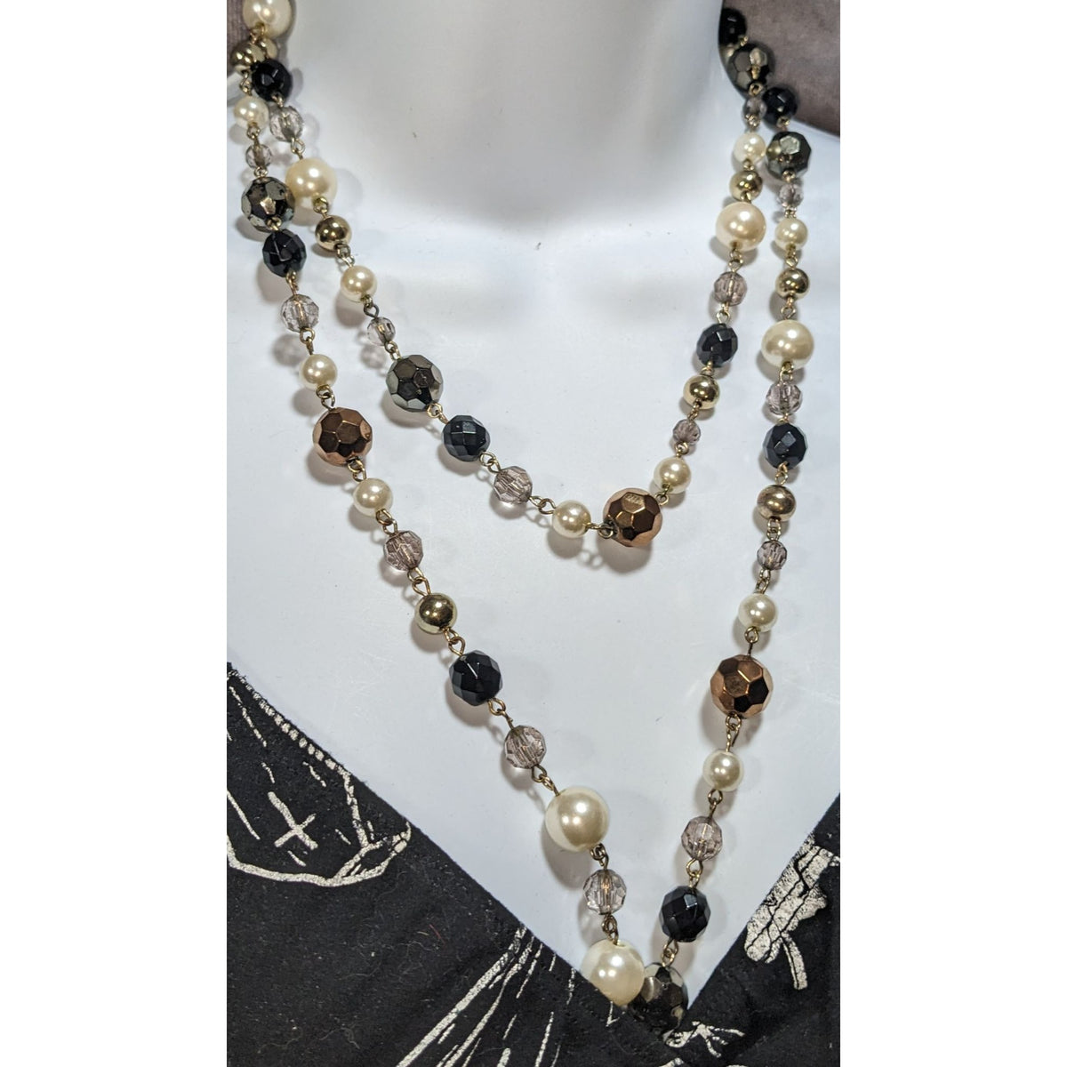 Glam Goth Vintage Inspired Faux Pearl Black Gold Beaded Opera Necklace 44 Inch