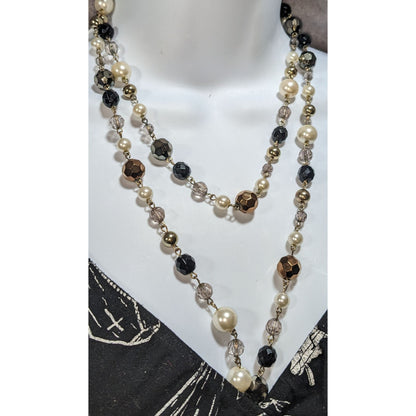 Glam Goth Vintage Inspired Faux Pearl Black Gold Beaded Opera Necklace 44 Inch