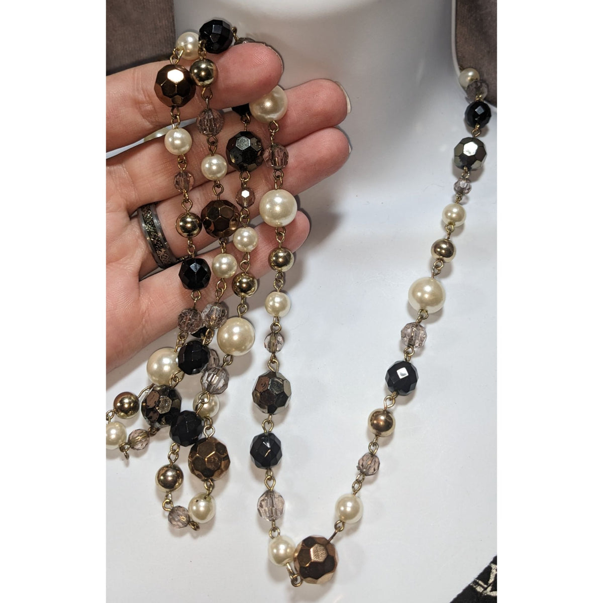 Glam Goth Vintage Inspired Faux Pearl Black Gold Beaded Opera Necklace 44 Inch