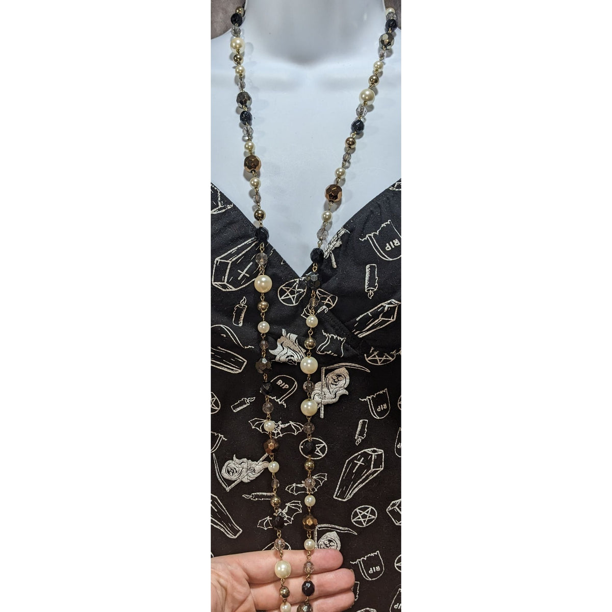 Glam Goth Vintage Inspired Faux Pearl Black Gold Beaded Opera Necklace 44 Inch