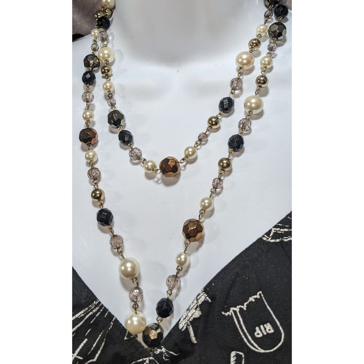 Glam Goth Vintage Inspired Faux Pearl Black Gold Beaded Opera Necklace 44 Inch