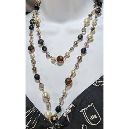 Glam Goth Vintage Inspired Faux Pearl Black Gold Beaded Opera Necklace 44 Inch