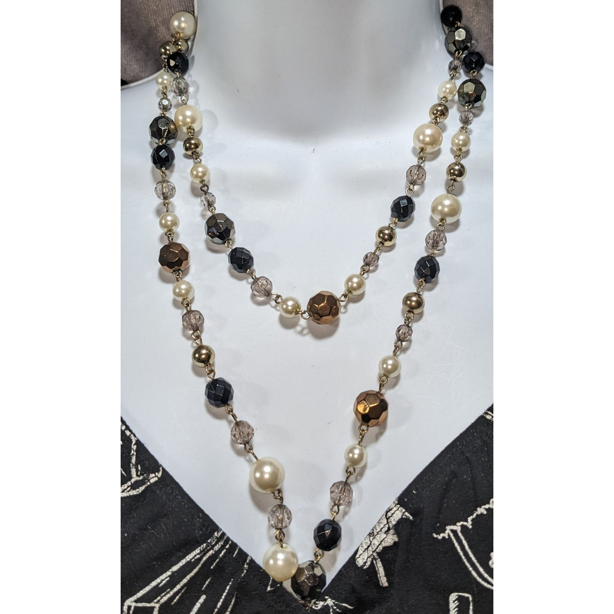 Glam Goth Vintage Inspired Faux Pearl Black Gold Beaded Opera Necklace 44 Inch