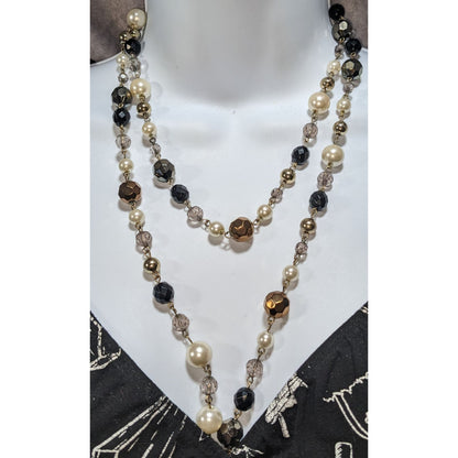 Glam Goth Vintage Inspired Faux Pearl Black Gold Beaded Opera Necklace 44 Inch