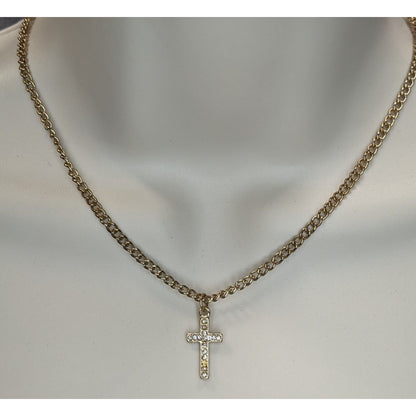 Glam Rhinestone Cross Pendant Necklace Gold Tone Curb Chain Dainty Christian Jewelry