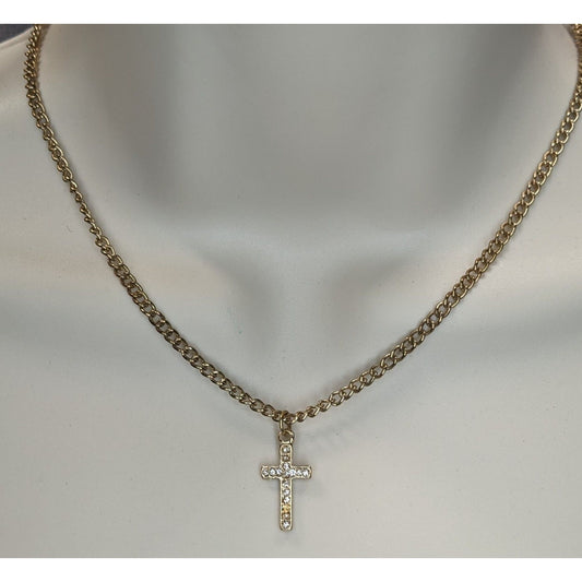 Glam Rhinestone Cross Pendant Necklace Gold Tone Curb Chain Dainty Christian Jewelry