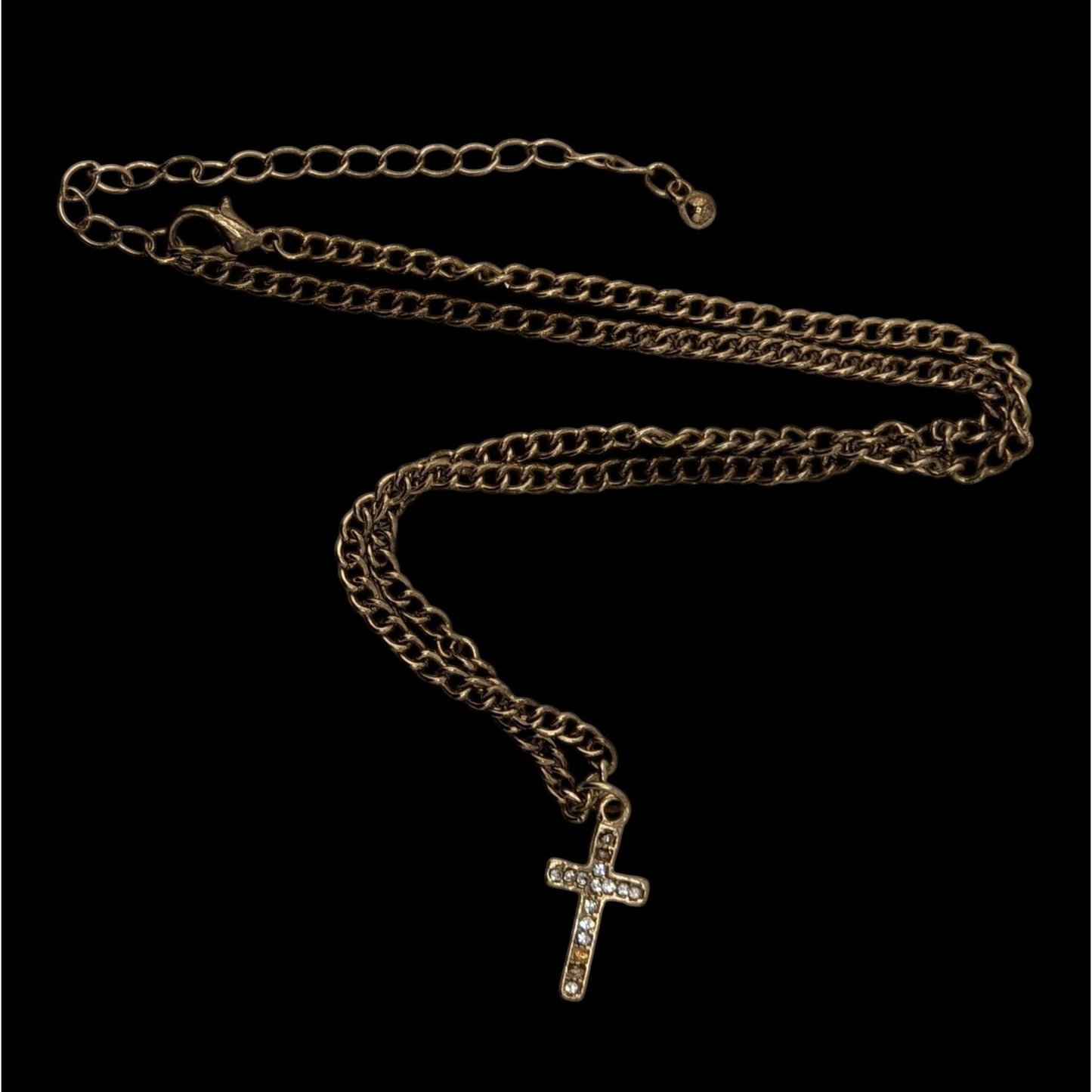 Glam Rhinestone Cross Pendant Necklace Gold Tone Curb Chain Dainty Christian Jewelry