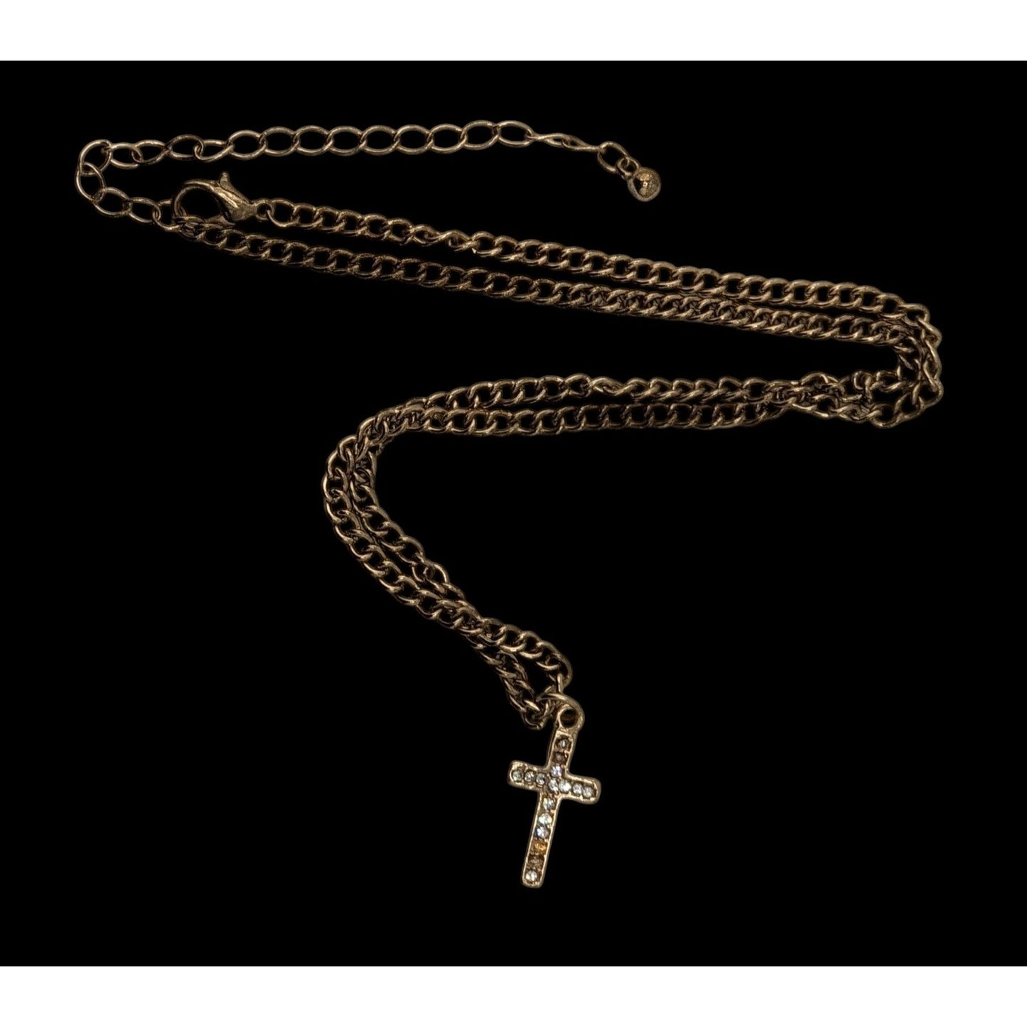 Glam Rhinestone Cross Pendant Necklace Gold Tone Curb Chain Dainty Christian Jewelry
