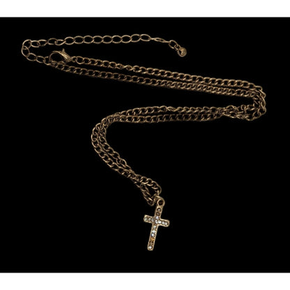 Glam Rhinestone Cross Pendant Necklace Gold Tone Curb Chain Dainty Christian Jewelry
