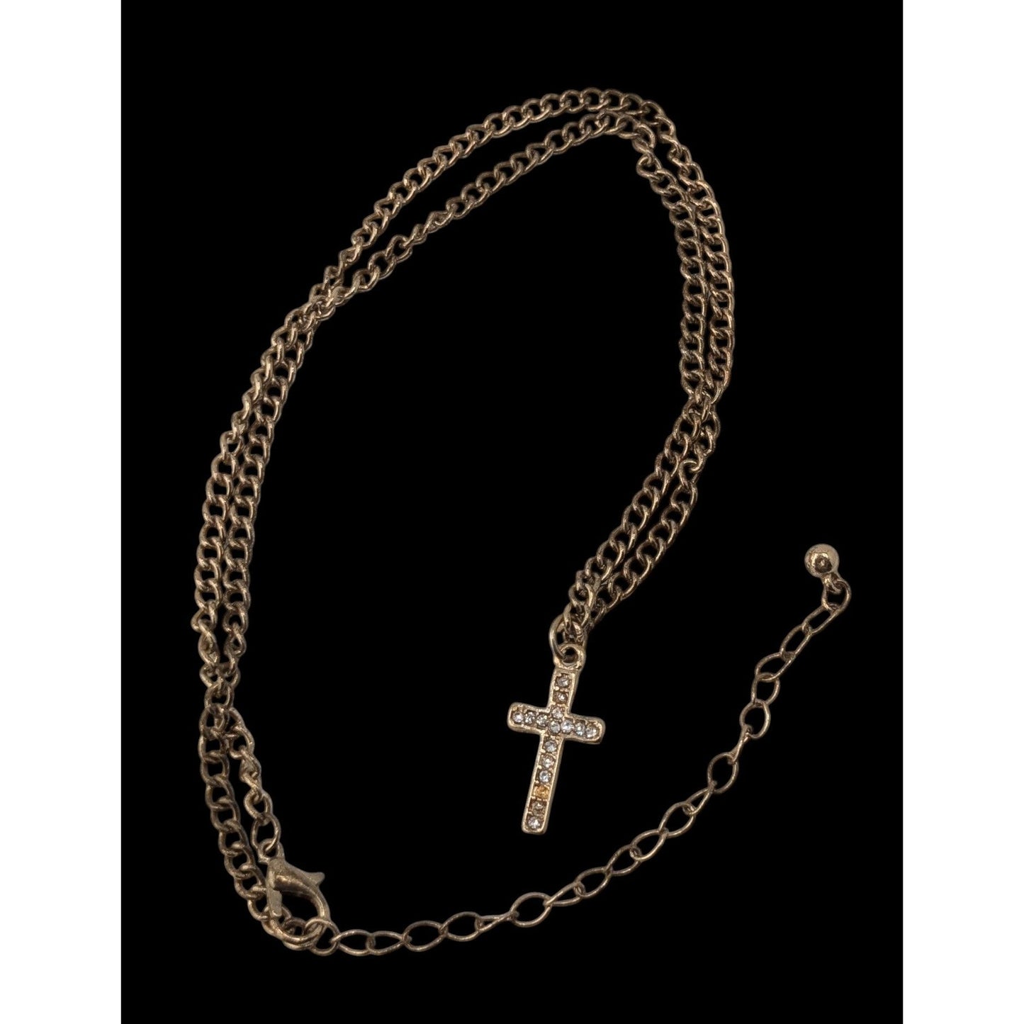 Glam Rhinestone Cross Pendant Necklace Gold Tone Curb Chain Dainty Christian Jewelry