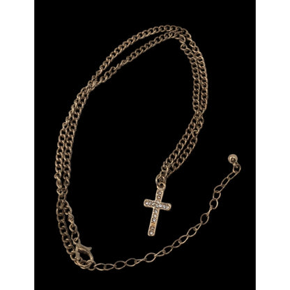 Glam Rhinestone Cross Pendant Necklace Gold Tone Curb Chain Dainty Christian Jewelry