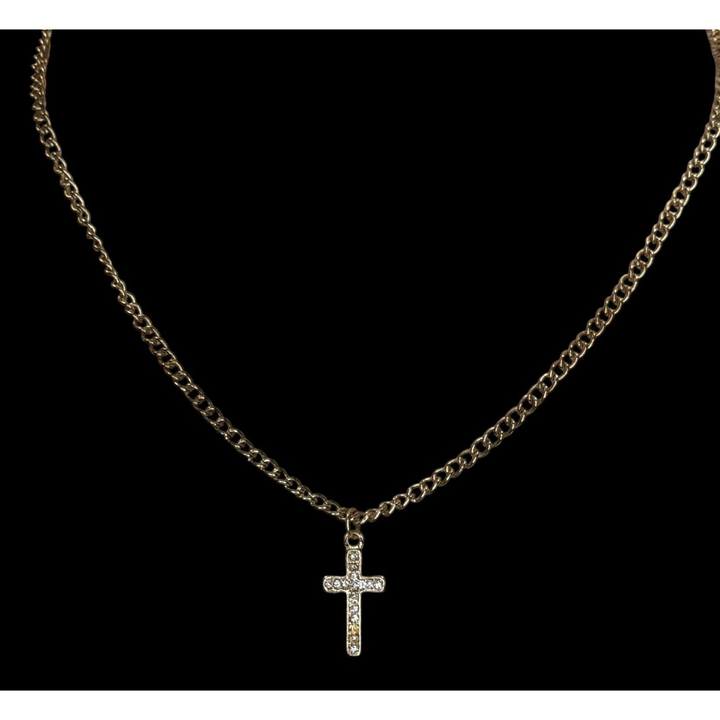 Glam Rhinestone Cross Pendant Necklace Gold Tone Curb Chain Dainty Christian Jewelry