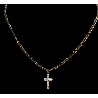 Glam Rhinestone Cross Pendant Necklace Gold Tone Curb Chain Dainty Christian Jewelry