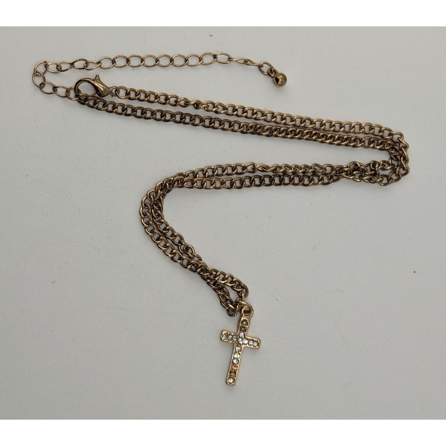 Glam Rhinestone Cross Pendant Necklace Gold Tone Curb Chain Dainty Christian Jewelry