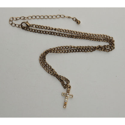 Glam Rhinestone Cross Pendant Necklace Gold Tone Curb Chain Dainty Christian Jewelry