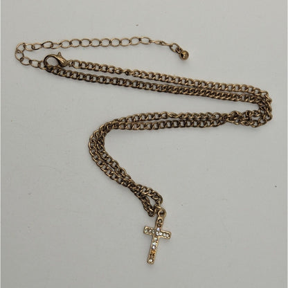 Glam Rhinestone Cross Pendant Necklace Gold Tone Curb Chain Dainty Christian Jewelry