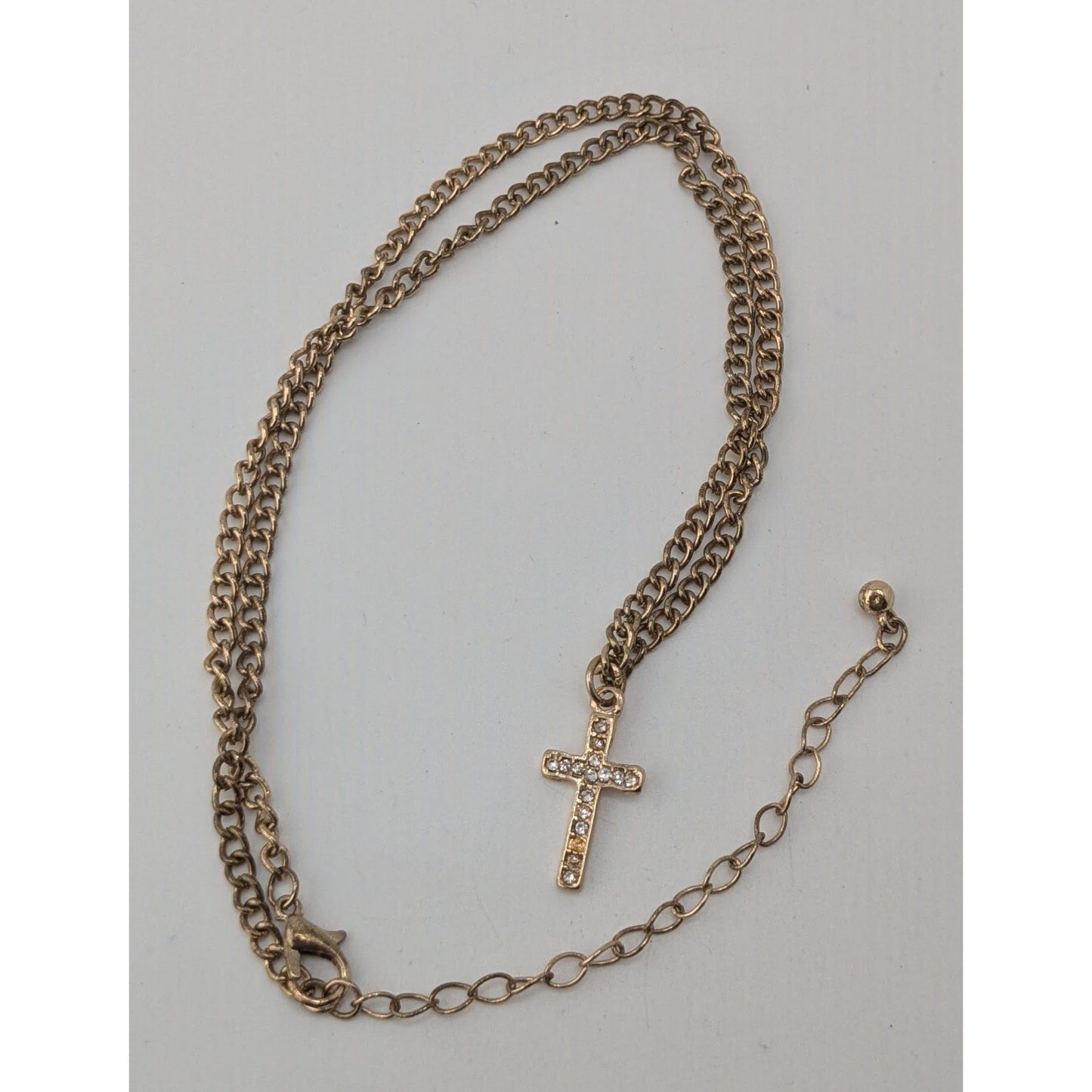 Glam Rhinestone Cross Pendant Necklace Gold Tone Curb Chain Dainty Christian Jewelry
