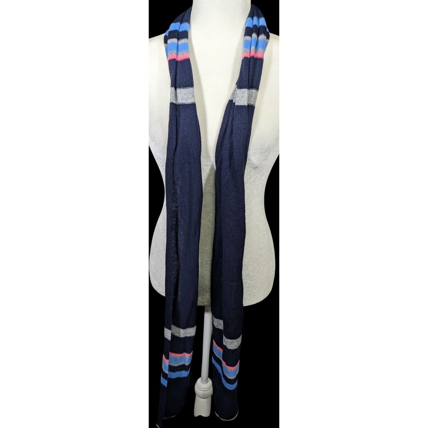 Hannah Rose 100% Cashmere Navy Blue Striped Scarf