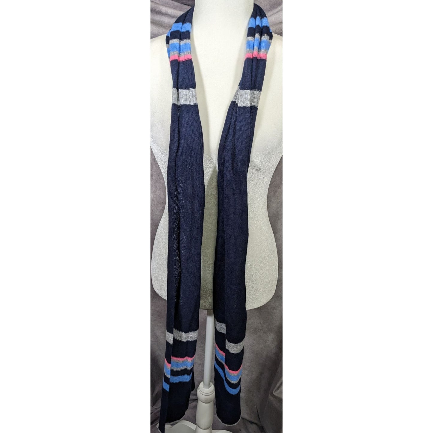 Hannah Rose 100% Cashmere Navy Blue Striped Scarf
