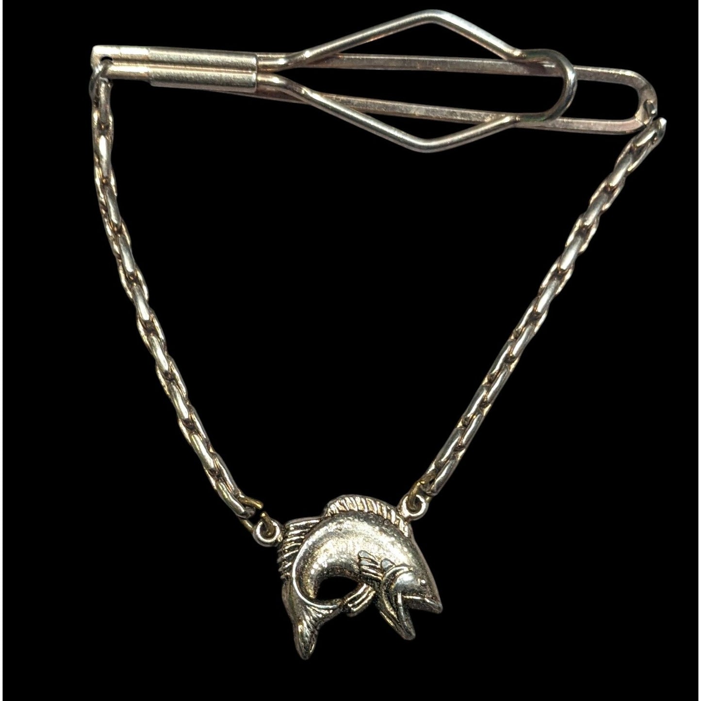 Vintage Silver Tone Tie Bar With Chain And Fish Charm Silver Tone