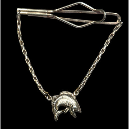 Vintage Silver Tone Tie Bar With Chain And Fish Charm Silver Tone