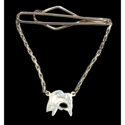 Vintage Silver Tone Tie Bar With Chain And Fish Charm Silver Tone