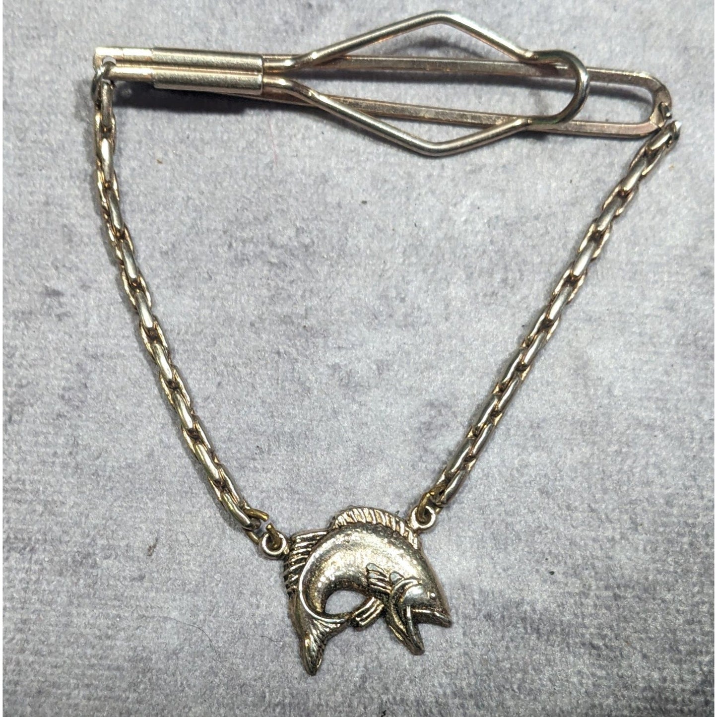 Vintage Silver Tone Tie Bar With Chain And Fish Charm Silver Tone