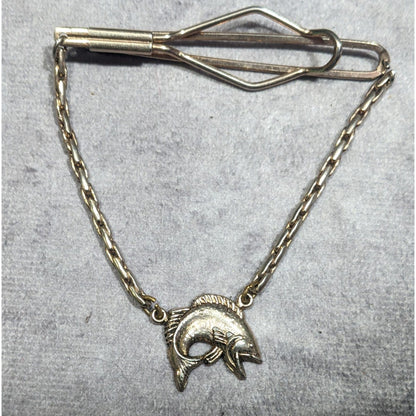 Vintage Silver Tone Tie Bar With Chain And Fish Charm Silver Tone