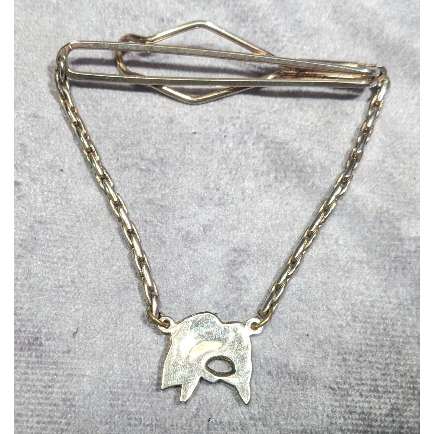 Vintage Silver Tone Tie Bar With Chain And Fish Charm Silver Tone