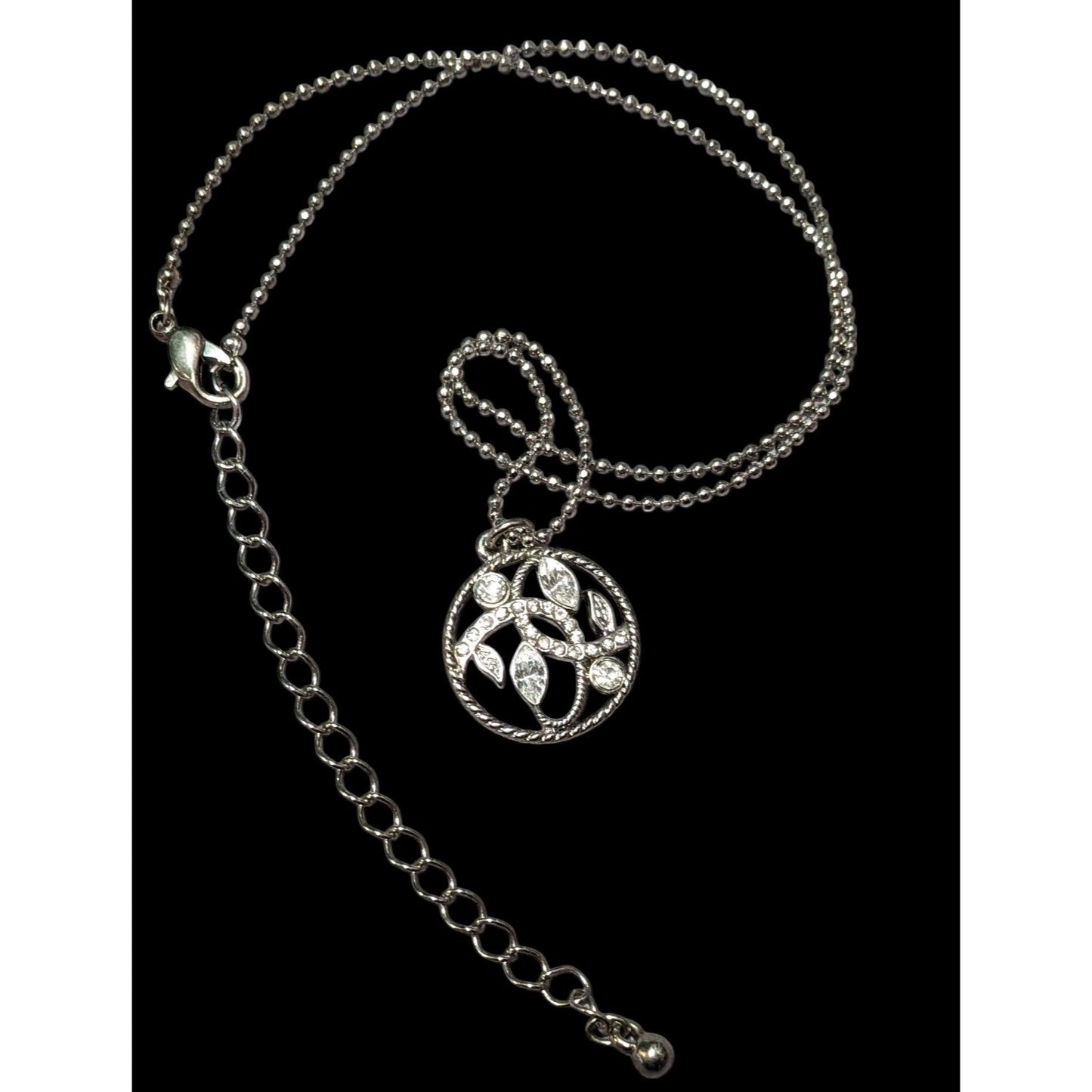 Fantasy Floral Rhinestone Silver Tone Pendant Necklace