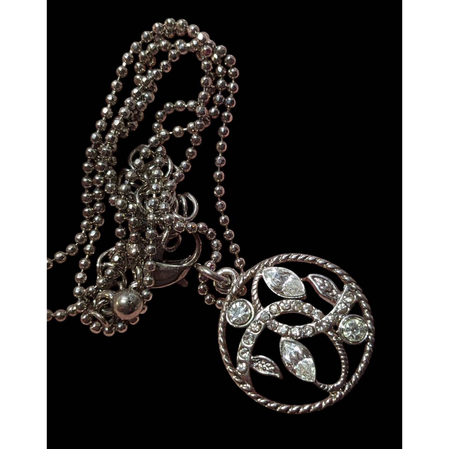 Fantasy Floral Rhinestone Silver Tone Pendant Necklace