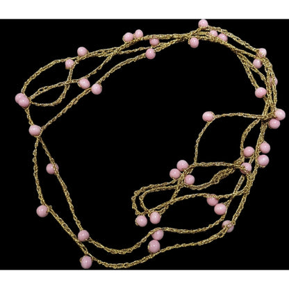 Extra Long Gold Tone Pink Beaded Station Necklace